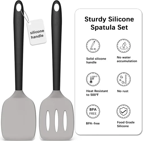 Miniatura 2 de Coukre Juego de 2 espátulas de silicona, resistentes a altas temperaturas, libres de BPA, espátulas de cocina, volteadoras sólidas y ranuradas