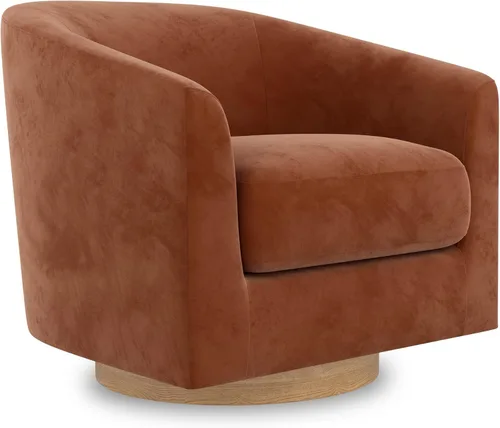 Silla giratoria decorativa, moderna tapizada con brazo curvado, tela de terciopelo, cómoda silla de lectura con base de madera maciza para sala de