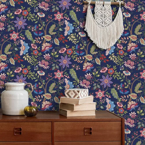 Miniatura 3 de VaryPaper Papel tapiz de 17.7 x 78.7 pulgadas, papel tapiz floral exótico azul para paredes, papel de contacto floral bohemio para paredes, papel