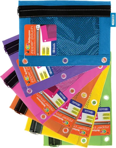 Miniatura 15 de BAZIC Products Estuche para lápices de 3 anillos con agujeros de anillos reforzados con remaches, bolsas de malla de colores surtidos con cremallera
