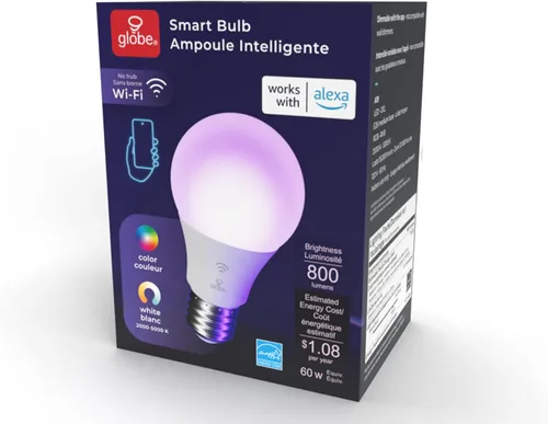 Miniatura 11 de GLOBE Electric 50589 Bombilla LED inteligente A19 que cambia de color, WiFi de 2.4 GHz, equivalente a 60 W, 800 lúmenes, funciona solo con Alexa, 1