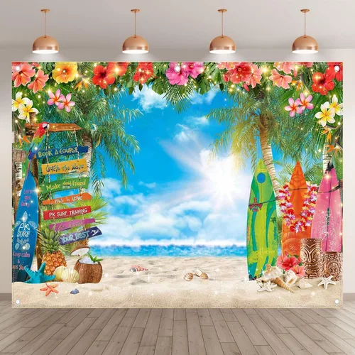 Miniatura 2 de Fondo de fotografía de playa hawaiana de verano de 8 x 6 pies, flores tropicales, hojas de palma, fondo de tabla de surf para Luau Aloha decoración