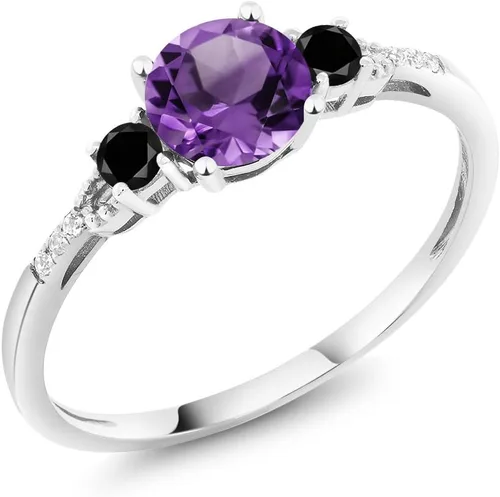 Gem Stone King Anillo de compromiso de oro blanco de 10 quilates con diamantes negros y diamantes blancos con detalle de 3 piedras para mujer (0.88