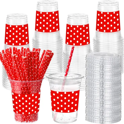 Miniatura 15 de Sliner 50 juegos de vasos de plástico a cuadros de 16 onzas con tapas y pajitas de papel, vasos desechables transparentes para fiesta de autos
