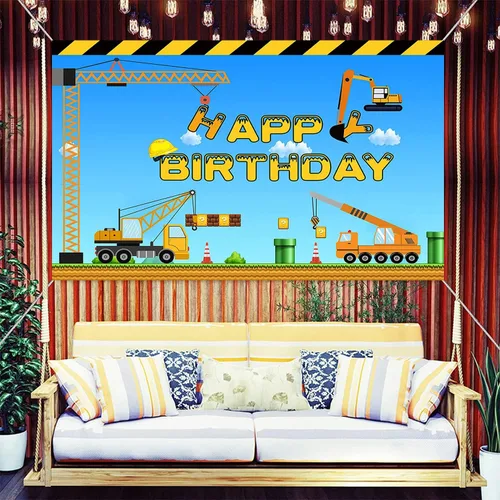Miniatura 3 de Tema de construcción feliz cumpleaños telón de fondo camión volquete grúa fiesta de cumpleaños banner excavadora camión fotografía fondo niños