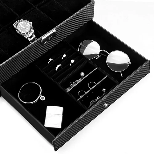 Miniatura 5 de Oyydecor Caja de reloj con 12 ranuras, organizador de relojes, organizador de joyas con cajón de joyería para almacenamiento y exhibición