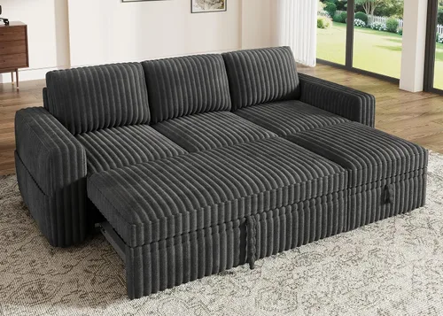 Miniatura 16 de HONBAY - Sofá seccional modular con cama desplegable, sofá en forma de L de pana con almacenamiento, sofás seccionales para sala de estar, verde