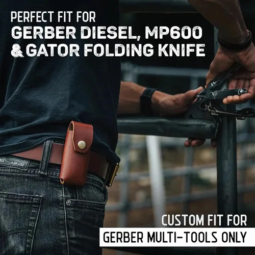 Miniatura 5 de American Bench Craft Funda multiherramienta de cuero y estuche para cuchillos para Gerber Diesel y MP600 - Funda de cuero remachado/funda con broche