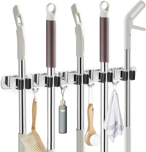 Miniatura 11 de IMILLET Soporte para escoba con montaje en pared, soporte para escoba y fregona de acero inoxidable autoadhesivo, ganchos resistentes, organizador 4