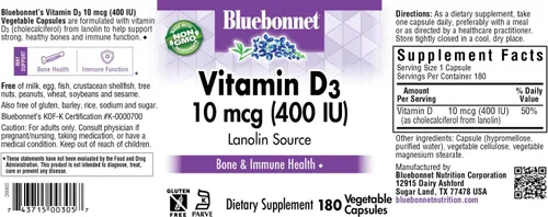 Miniatura 6 de BlueBonnet Nutrition Vitamina D3 400 UI - Cápsula vegetal, ayuda en el crecimiento muscular y esquelético, colecalciferol de lanolina, sin OMG, sin