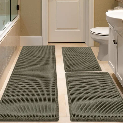 Miniatura 85 de IM HOME Tapete de baño de punto gofre, color caqui, de 24 x 17 pulgadas, tejido bohemio, moderno, absorbente, antideslizante, suave, lavable