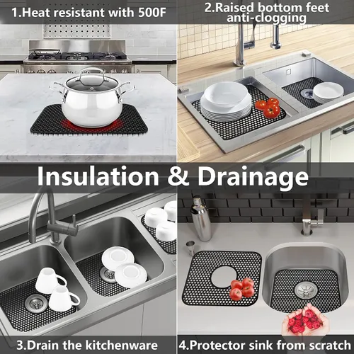 Miniatura 5 de Protectores de fregadero para fregadero de cocina, 2 alfombrillas de cocina de silicona de 13.58 x 11.6 pulgadas, protector inferior antideslizante