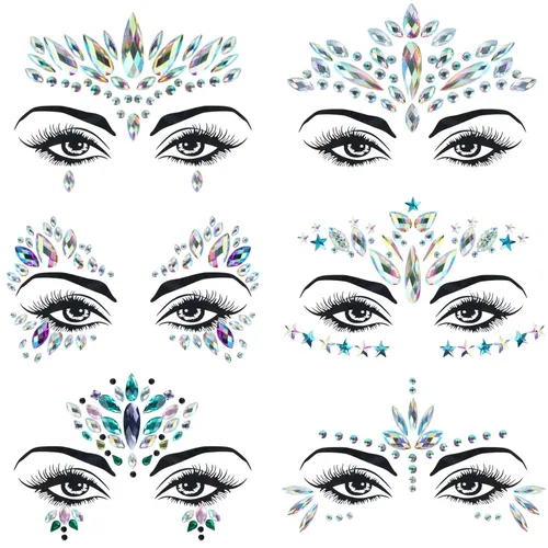 6 juegos de joyas de cara de sirena con diamantes de imitación para pegar en Halloween, cosplay, fiesta, carnaval, festival, cristales, tatuajes
