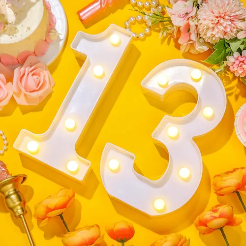 Miniatura 2 de Treela Números LED iluminados decorativos de 8.7'' de cumpleaños, letrero de números de marquesina de purpurina para decoración de fiesta de Blanco