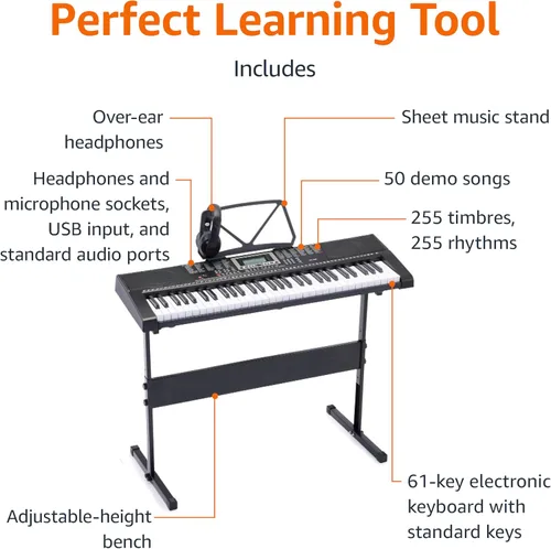 Miniatura 2 de Amazon Basics Piano de teclado eléctrico con 61 teclas, altavoces integrados, canciones para aprender, color negro