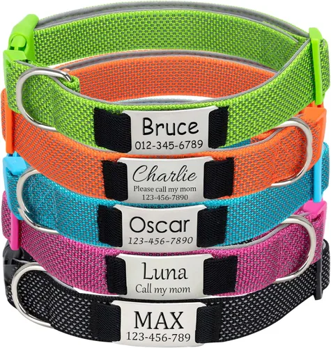 Collares de perro personalizados, collar de perro de nailon totalmente reflectante con etiqueta de nombre, acolchado suave, collares personalizados