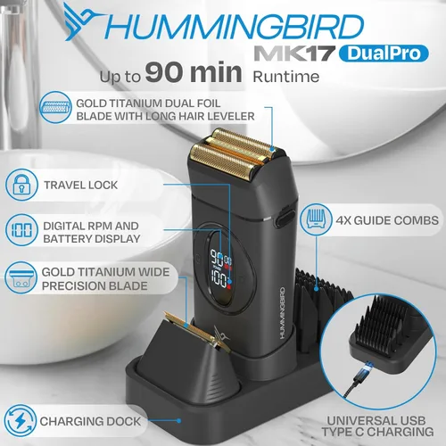 Miniatura 8 de Afeitadora eléctrica HUMMINGBIRD MK17 DualPro con recortador de barba para hombres – Láminas de titanio dorado, afeitado turbo y control de torque