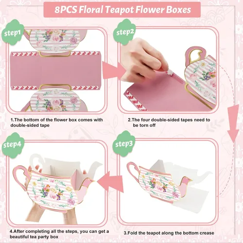 Miniatura 7 de 8 piezas de decoración de fiesta de té, cajas de centro de mesa de tetera floral para fiesta de cumpleaños de princesa, decoración de mesa temática