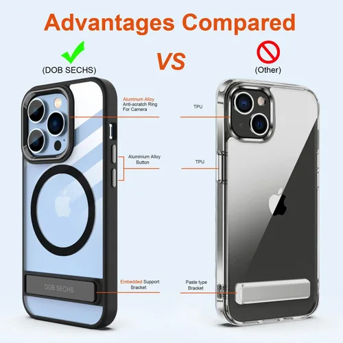 Miniatura 3 de DOB SECHS Magsafe - Funda transparente de metal con función atril compatible con iPhone 13 Pro, botón de aleación de aluminio, soporte de 3 vías