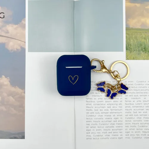 Miniatura 5 de Funda compatible con AirPods, funda de silicona suave con patrón de corazón dorado para AirPods de 2 y 1 generación con bonito llavero de mariposa