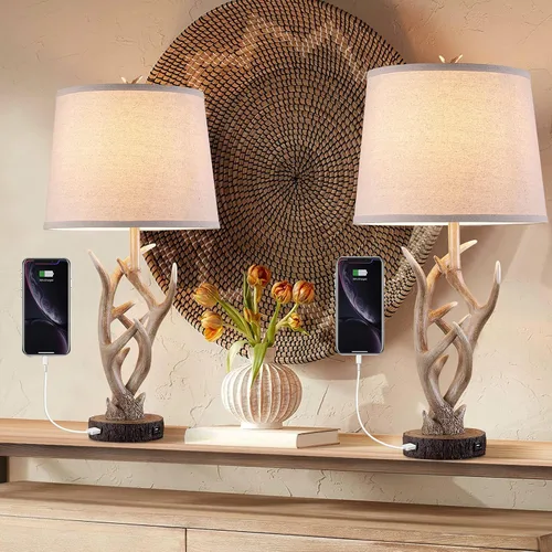 Miniatura 8 de Dungoo Juego de 2 lámparas de mesa rústicas de ciervo occidental con luz nocturna, lámparas de noche rústicas de 26 pulgadas para dormitorio con 2