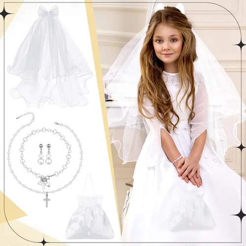 Miniatura 7 de Juego de 5 accesorios para la primera comunión para niñas, incluye lazo y dije colgante con velo en peine para el cabello, bolso de flores de satén