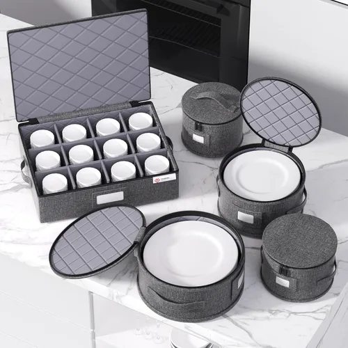 Miniatura 5 de Contenedores de almacenamiento de porcelana Caja de carcasa dura para trasladar platos, vasos y copas, vajilla, tazas, platillos Organizador