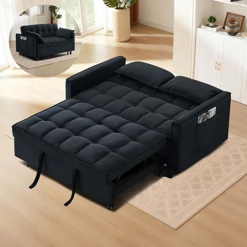 Miniatura 2 de CAPCAEK - Sofá cama convertible 3 en 1, sofá biplaza de terciopelo moderno con cama extraíble, sofá de salón pequeño con respaldo reclinable, negro