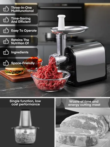 Miniatura 4 de HOUSNAT - Picadora de carne eléctrica, 3200 W máximo para uso doméstico, picadora de carne resistente 3 en 1 con 2 cuchillas y 3 platos, tubo