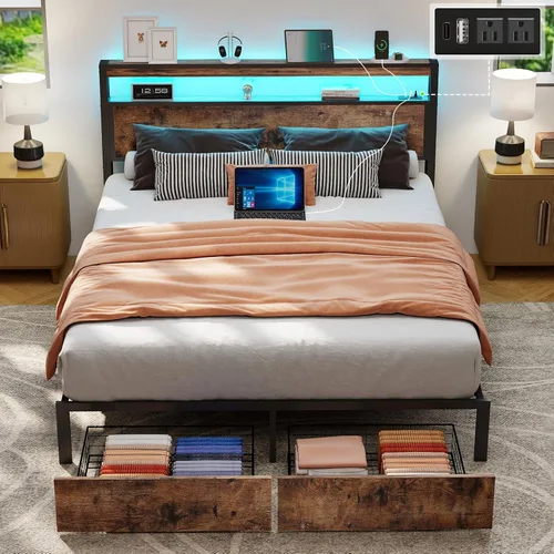 Miniatura 12 de SADENICEL Base de cama de tamaño matrimonial con almacenamiento, plataforma de cama de madera LED con cabecero, 4 cajones, estación de carga,