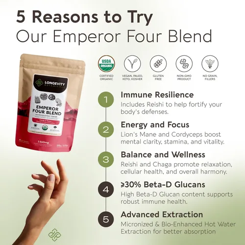 Miniatura 4 de Organic Emperor 4 - Extracto de suplemento en polvo de mezcla de hongos 3.53 oz Melena de león, Reishi, Cordyceps, cola de pavo Cuerpo
