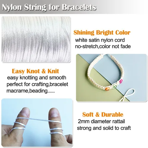 Miniatura 7 de Ewparts Cordón de Nailon Satinado Blanco para Pulsera, Collar, Llavero - 2 mm x 110 Yardas Cordón de Nailon Satinado Rattail Cordón de nailon blanco