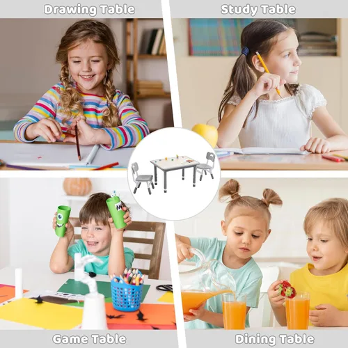 Miniatura 6 de DOREROOM Juego de mesa y 2 sillas para niños, altura ajustable (17.7-26.1 pulgadas), mesa y silla para niños pequeños, mesa multiactividad con Gris-W