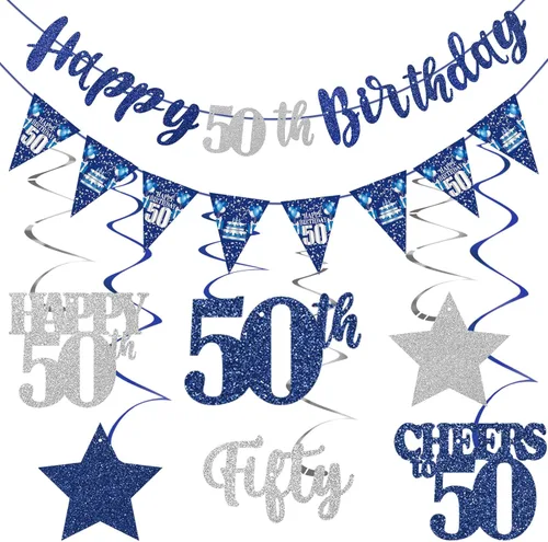 Miniatura 9 de Decoración de cumpleaños número 18 azul y plateado para niños y niñas, pancarta de feliz cumpleaños 18 con estrellas de dieciocho años de edad