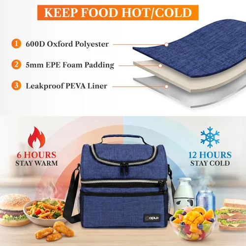 Miniatura 3 de OPUX Lonchera para hombres y mujeres, lonchera grande aislada para adultos, trabajo, doble lonchera de dos niveles, preparación de comidas, Azul