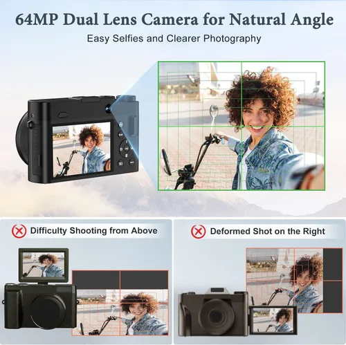 Miniatura 3 de Cámara digital 4K, cámara trasera y frontal de 64 MP para fotografía y video enfoque automático antivibración, cámara para vlogging selfie de 3 Negro