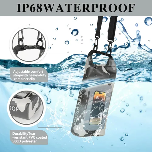 Miniatura 4 de Bolsa impermeable IP68, 2L - Bolsa impermeable para piscina con tapa enrollable, bolsas secas para kayak impermeables con bolsa para teléfono, bolsa