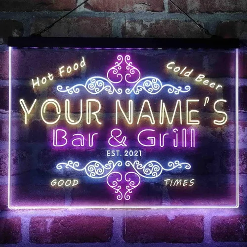 Miniatura 18 de Letrero de luz de neón LED tricolor personalizado para bar y parrilla, nombre personalizado, fecha, texto, cita, fuente blanco, azul y rojo, 17.7 x