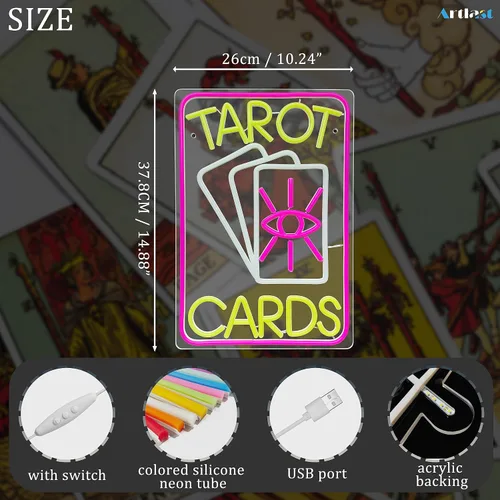 Miniatura 2 de Letrero de neón de cartas de tarot, luz LED rosa para decoración de pared de habitación, interruptor regulable, material acrílico, 10.24 x 14.88