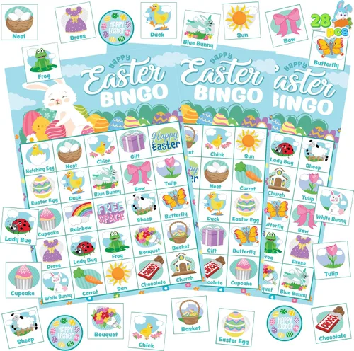 JOYIN Tarjeta de bingo de Pascua para 28 jugadores (5 x 5) con color azul para niños, niñas y adultos, juegos de Pascua, actividades escolares y