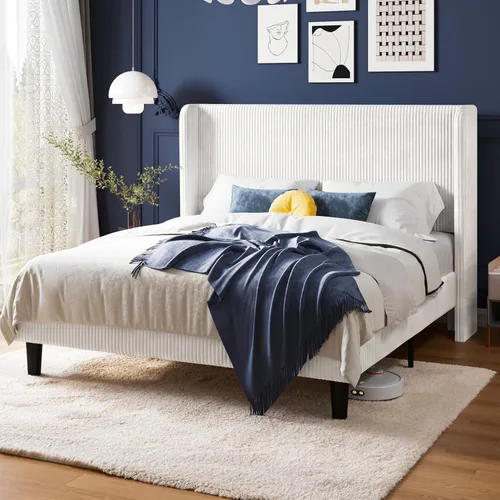 Miniatura 19 de Allewie - Base de cama tamaño Queen con cabecera tapizada de ala de respaldo, plataforma de cama de terciopelo corduroy acolchado con diseño Negro