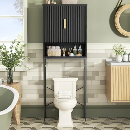 Miniatura 16 de Gabinete de almacenamiento sobre el inodoro con puertas estilo granja y estante ajustable, organizador de baño alto con soporte de metal que ahorra