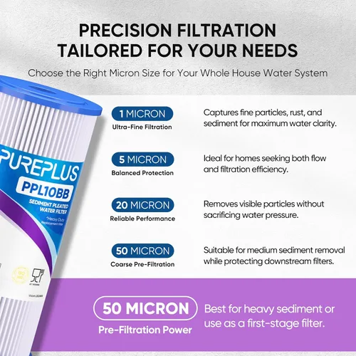 Miniatura 3 de PUREPLUS Filtro de sedimento plisado para toda la casa de 50 micrones de 10 x 4.5 pulgadas para agua de pozo, cartucho de repuesto para GE FXHSC