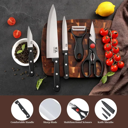 Miniatura 3 de Juego de cuchillos de cocina de 5 piezas, juego de cuchillos sin bloque con fundas, hoja afilada de acero inoxidable y mango cómodo, juego