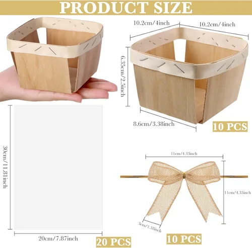 Miniatura 3 de Yerliker Juego de 10 mini cestas de madera para regalos, canastas pequeñas vacías de 4 pulgadas, lazos de bayas, bolsas transparentes para dulces