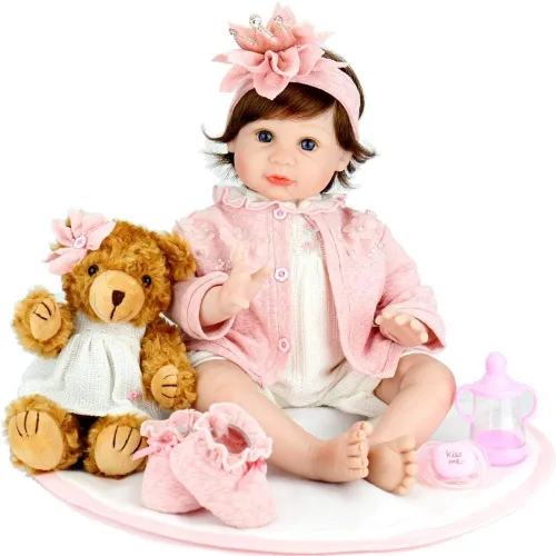 Miniatura 4 de Aori Muñecas realistas de bebé Reborn – Bebé niña realista de 22 pulgadas con biberón y chupete, cuerpo de tela pesada para una sensación realista