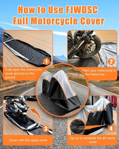 Miniatura 5 de Funda para motocicleta totalmente cerrada, impermeable, para almacenamiento en interiores y exteriores, resistente con tiras reflectantes, se adapta