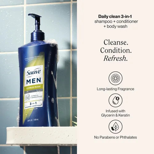 Miniatura 2 de Suave Men Citrus Rush Daily Clean 3 en 1 champú, acondicionador y gel de baño con glicerina y queratina hidrata y suaviza el cabello, aroma cítrico
