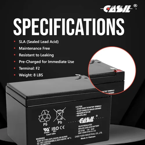 Miniatura 4 de Casil Batería de 12 V y 12 Ah – Reemplazo para 6-DZM-12, APC, scooter, y equipo médico (paquete de 2) Batería recargable de plomo sellada AGM