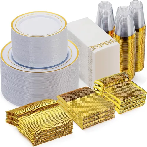 Juego de vajilla dorada de 700 piezas de Goodluck para 100 invitados, desechable para fiestas, incluye: 100 platos de cena con borde dorado, 100